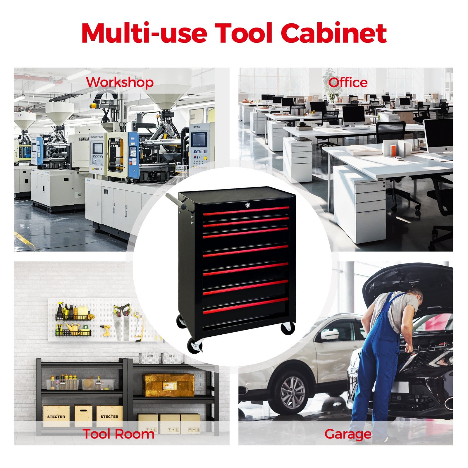 7-Drawer Rolling Tool Storage Cabinet With Detachable Top Tool Box, Universal Lockable Wheels, Adjustable Shelf, Locking Mechanism, Metal Tool Cart For Garage Workshop,Dark Space Black - Image 3