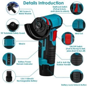 12V Cordless Mini Angle Grinder Hand Polishing Grinding Machine Cordless Cutter Grinding Tool With 7Pcs Disc 2Pcs 1100mAh Batteries And Charger Hex Key - Image 4