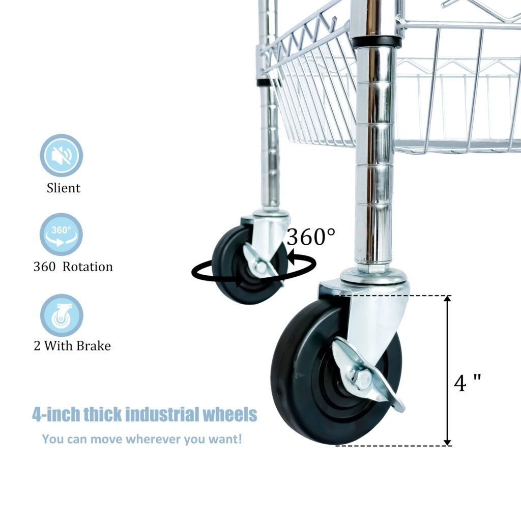 Heavy Duty Rolling Utility Cart,3 Tier Rolling Carts With Wheels,with Handle Bar & Shelf Liners,36inchx18inchx32inchStorage Cart For Kitchen,Restaurant,Plant Display,Chrome