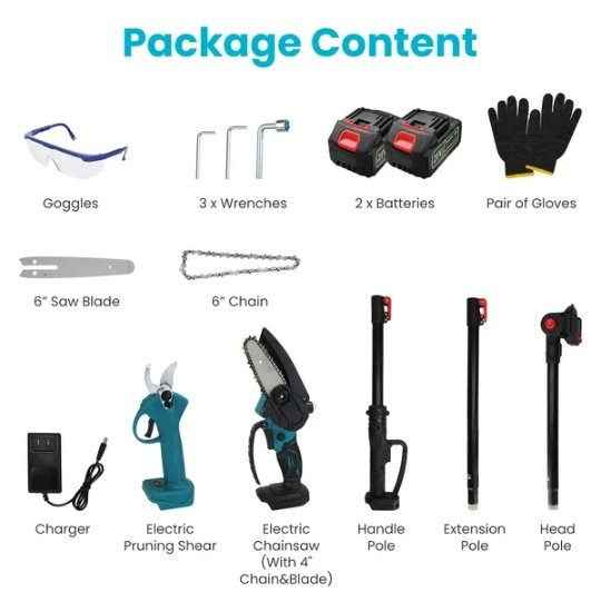 4 In 1 Cordless Pruning Shear And Electric Chainsaw With Max 5.5FT Extension Poles 4' 6' Pole Saw SK5 Blade Brushless Pruning Shear With 2Pcs 3.0Ah Batteries For Garden Yard GPCT5130