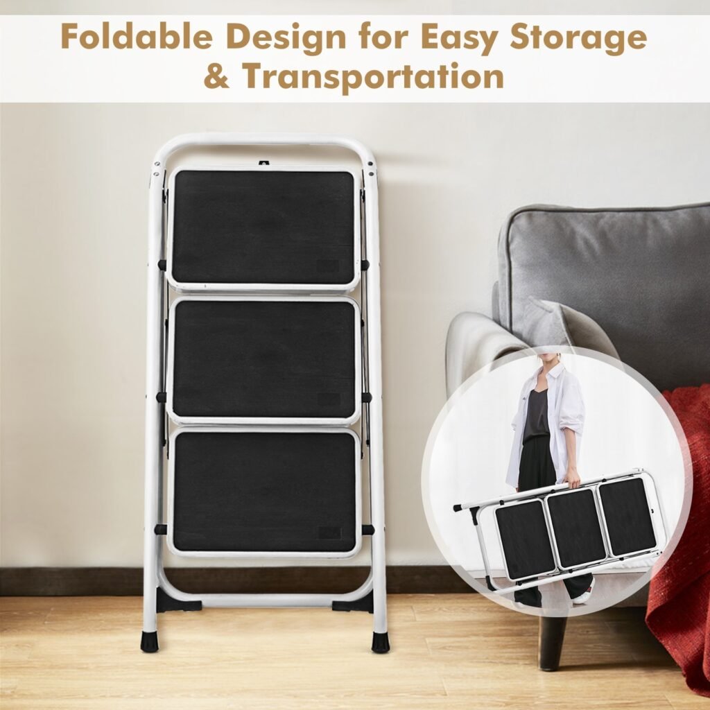 Folding 3-Step Ladder With Handgrip And Anti-Slip Platform