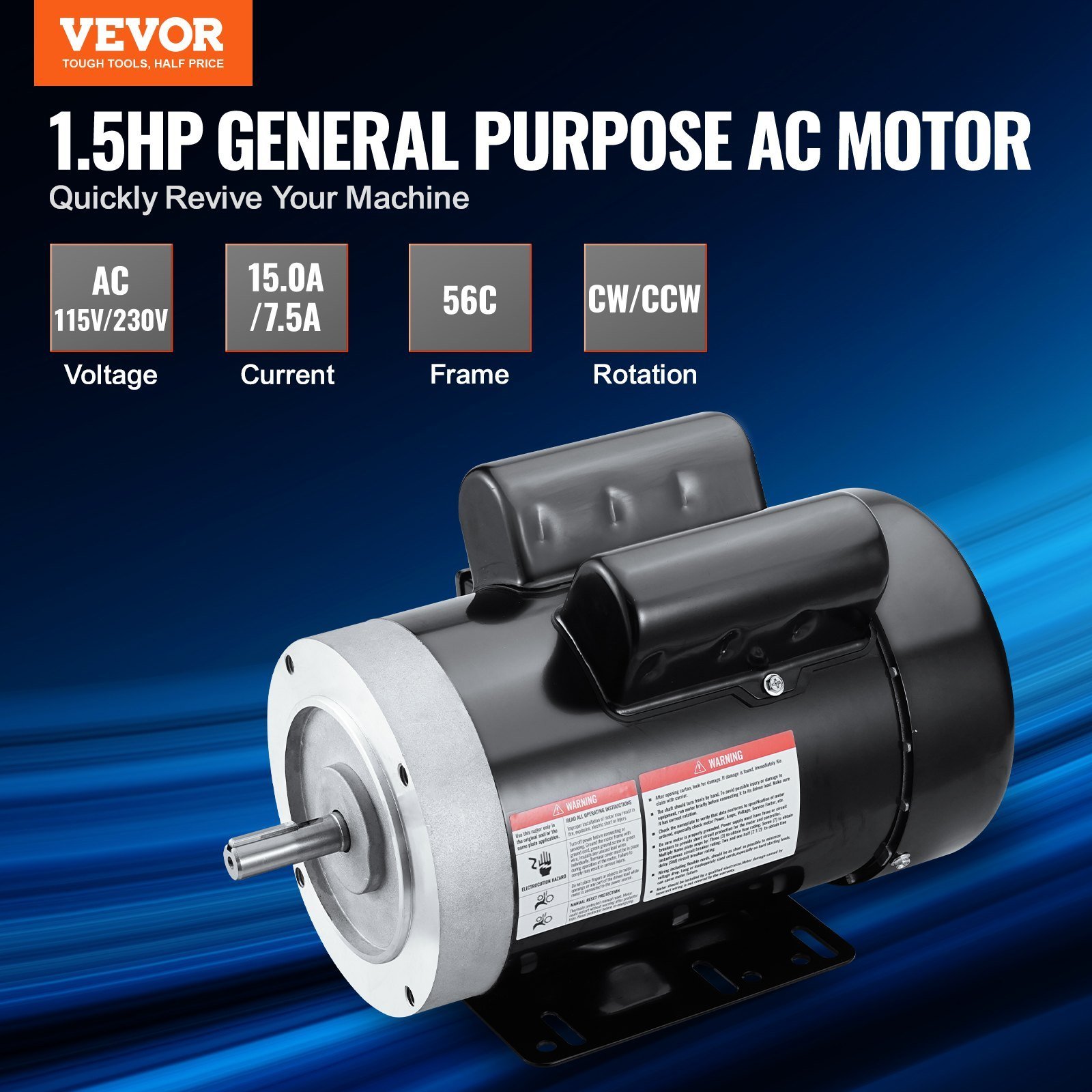 1.5HP Electric Motor 1725 Rpm, AC 115V/230V, 56C Frame, Air Compressor Motor Single Phase, 5/8' Keyed Shaft, CW/CCW Rotation For Agricultural Machinery And General Equipment - Image 5