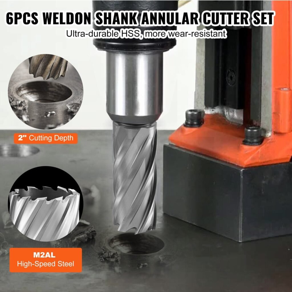 Annular Cutter Set, 6 Pcs Universal Shank Mag Drill Bits, 1' To 2' Cutting Diameter, 2' Cutting Depth, M2AL High-Speed Steel, With 2 Pilot Pins And Portable Case, For Using With Magnetic Drills