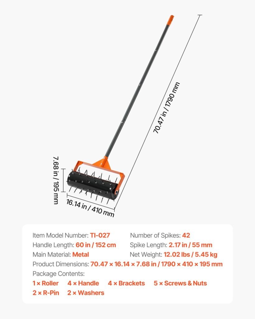 Rolling Lawn Aerator, 15 In Manual Push Aerator Roller With 42 Spikes & 60 In Long Handle, Fillable Drum For Added Weight, Heavy-Duty Lawn Soil Penetrator For Garden Yard Compacted Soils