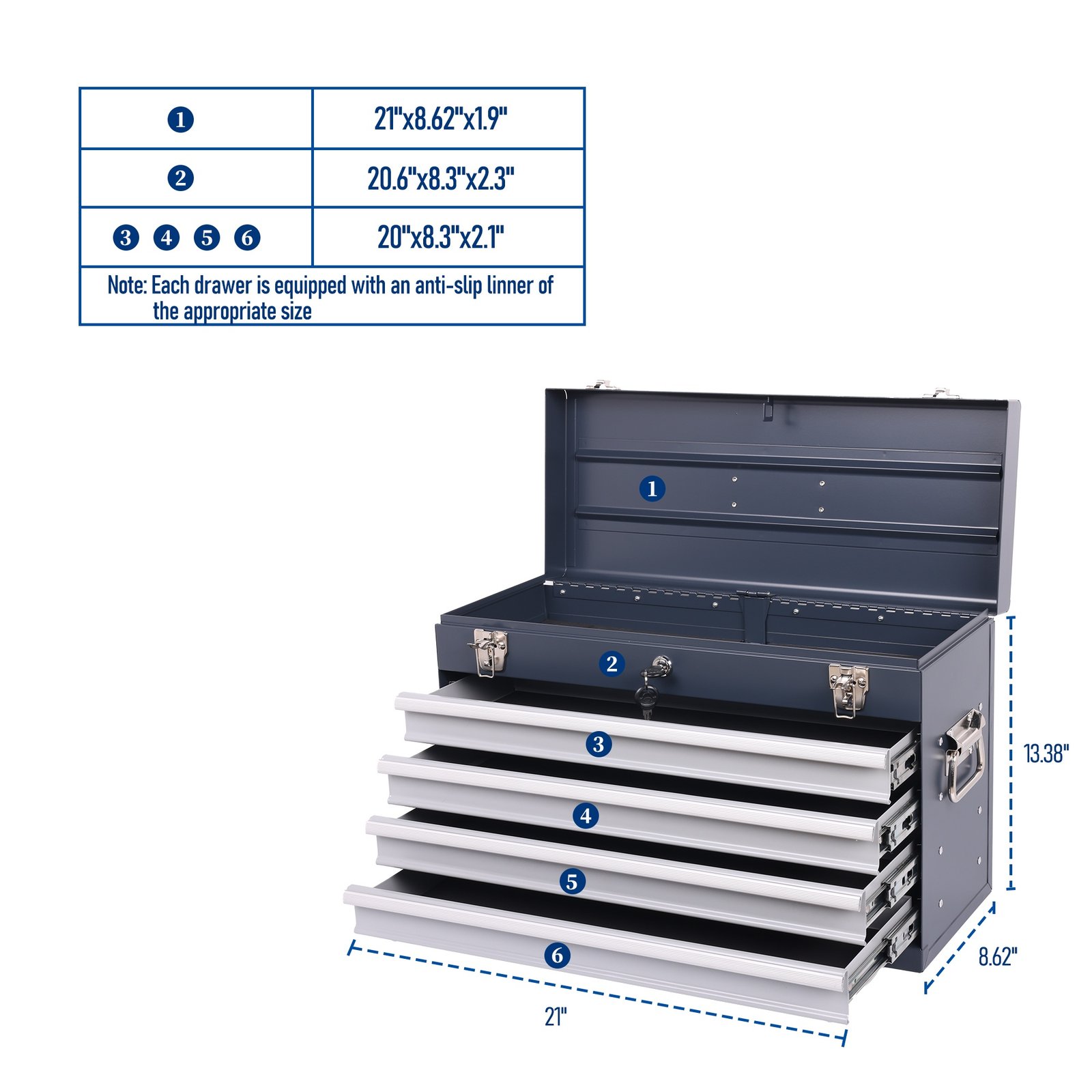 Heavy Duty Metal Tool Box, 21-inch, Portable Metal Tool Box With 4 Drawers, Small Tool Chest With EVA Liners, Ball Bearing Slide Drawers Locking & Powder Coated Finish, Multi-Function Tool Organizer - Image 5