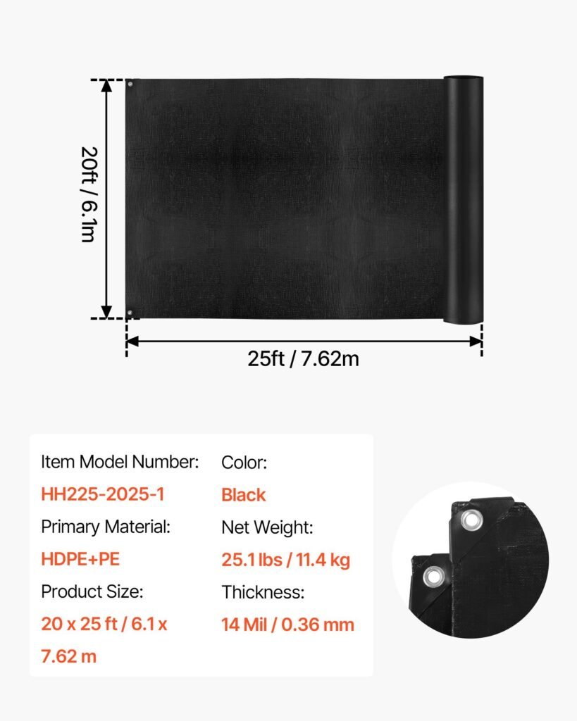 20 X 25 Ft Pond Liner, 14 Mil Thickness, 3-Layer Reinforced PE Fish Koi Pond Liner For Outdoor Ponds, With Hemmed Edge And 4 Metal Buttonholes, For Water Garden, Waterfall, And Fountains, Black