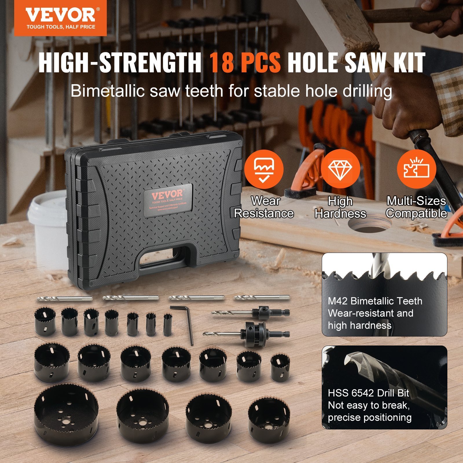 Hole Saw Kit, 18 PCS Saw Blades, 6 Drill Bits, 1 Hex Wrench, General Purpose Size From 3/4' To 4-1/2', Bi Metal M42 Hole Saw Set With Carrying Case, Ideal For Wood Board, Plastic And Iron Plate - Image 3