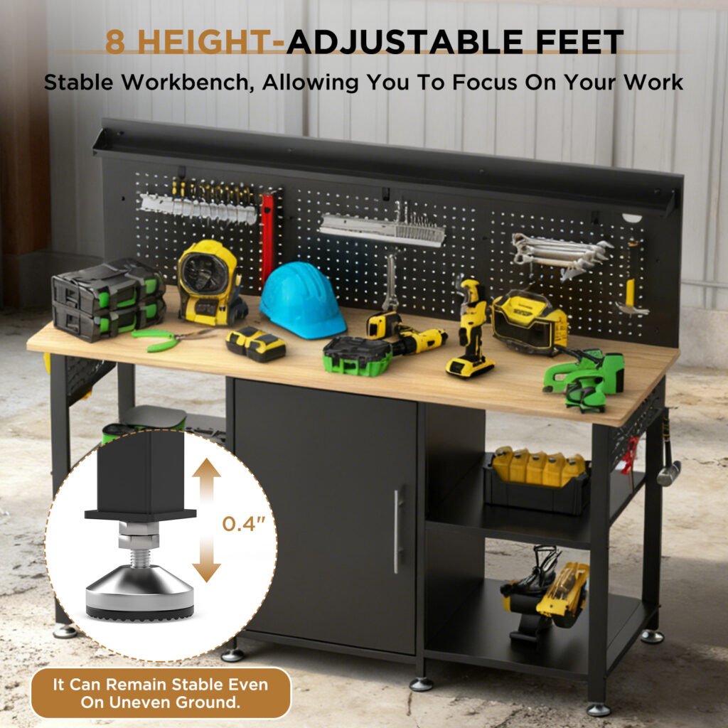 60 Inch Heavy Duty Workbench With Storage Cabinet, Wooden Top, 2000 Lbs Capacity, Large Garage Work Table With Pegboard, Power Outlet