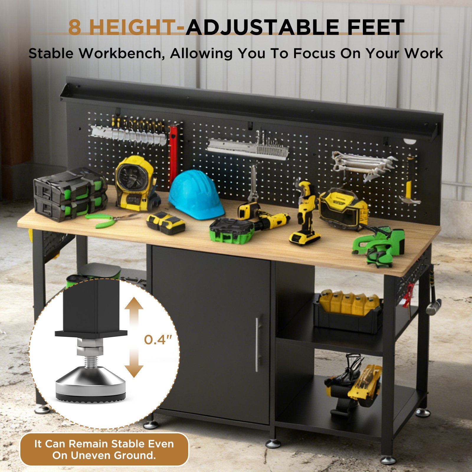 60 Inch Heavy Duty Workbench With Storage Cabinet, Wooden Top, 2000 Lbs Capacity, Large Garage Work Table With Pegboard, Power Outlet - Image 3