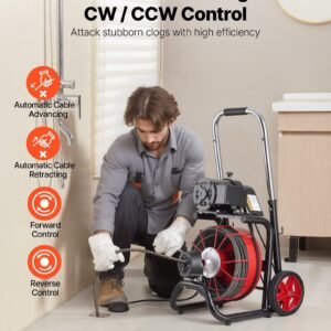 Drain Cleaner Machine 100 FT X 3/8 Inch, Auto Feed Sewer Snake Auger On Wheels - With 8 Cutters & Air-Activated Foot Switch For 2" To 4" Pipes - Image 3