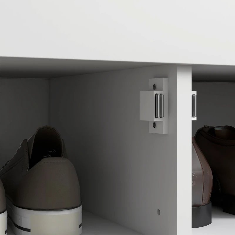 Shoe Storage Bench, Modern Entryway Bench With Cushion, Hidden Compartments, Adjustable Shelves, Shutter Doors, White