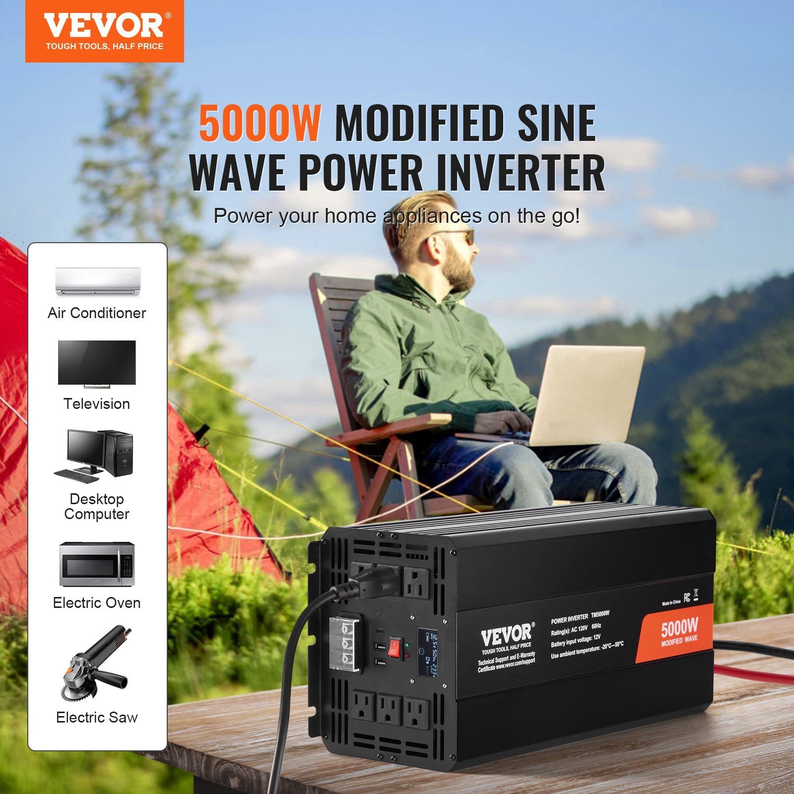 Modified Sine Wave Inverter, 5000W, DC 12V To AC 120V Power Inverter With 6 AC Outlets 2 USB Port 1 Type-C Port, LCD Display And Remote Controller For High Load Home Appliances, CE FCC Certified - Image 5