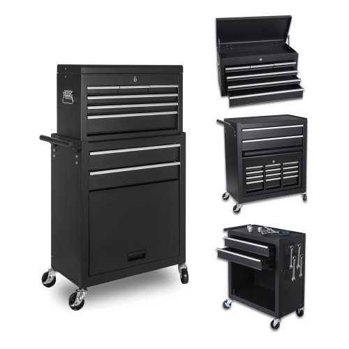Tool Chest, 8-Drawer Rolling Tool Storage Cabinet With 2 In 1 Detachable Top Tool Box, Liner, Lockable Wheels, Side Hooks, Locking Mechanism, Metal Tool Cart For Garage