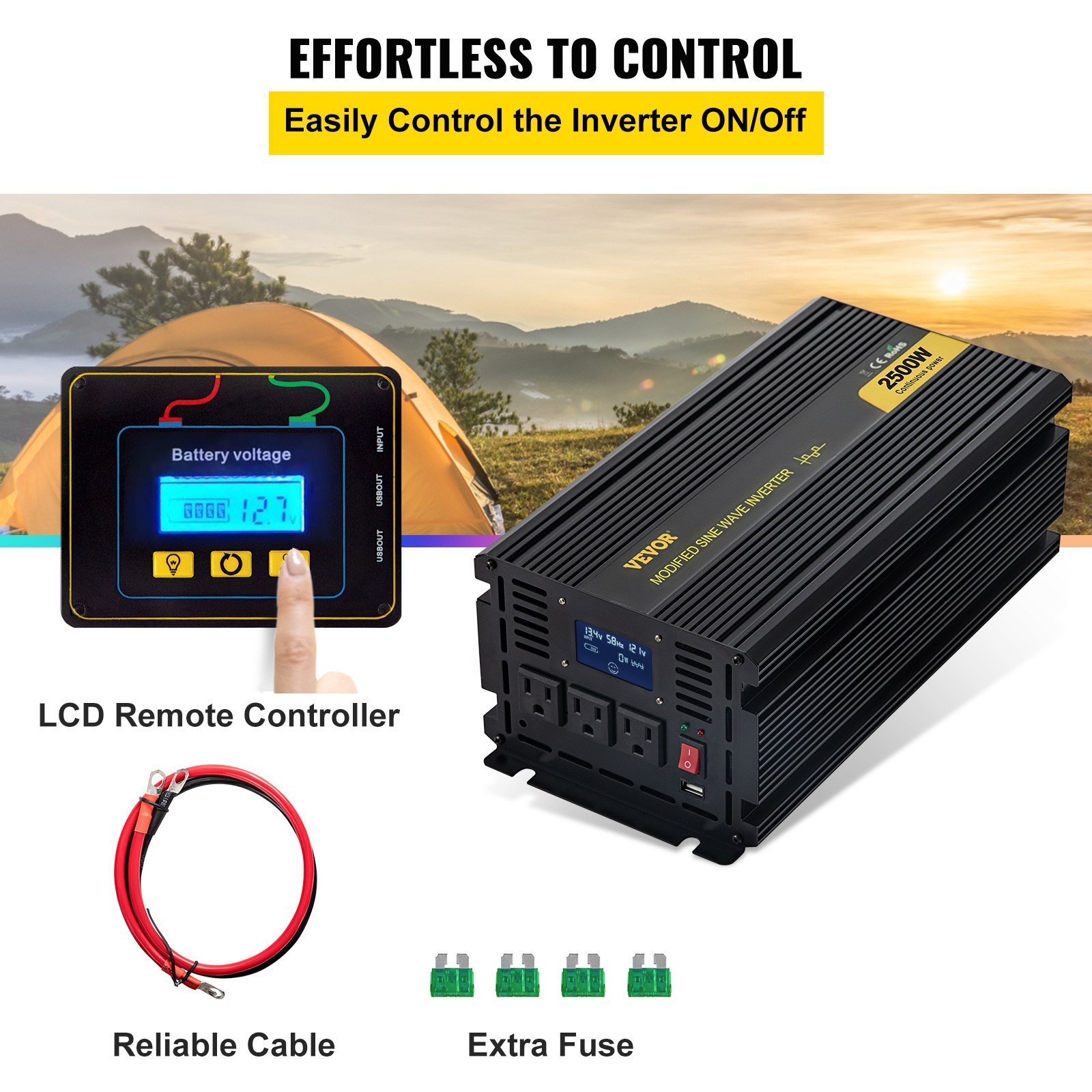 Power Inverter, 2500W Modified Sine Wave Inverter, DC 12V To AC 120V Car Converter, With LCD Display, Remote Controller, LED Indicator, AC Outlets Inverter For Truck RV Car Boat Travel Camping - Image 3