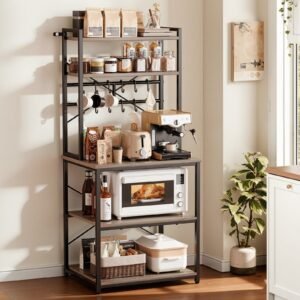 Kitchen Bakers Rack, 23.6 Inch Width Bakers Rack, Kitchen Stand With X-Shaped Support Bar, 12 S-Shaped Hooks, Double-Layer Top Shelf, Coffee Bar Stand For Dishes & Bowls, Spice Bottles - Image 4