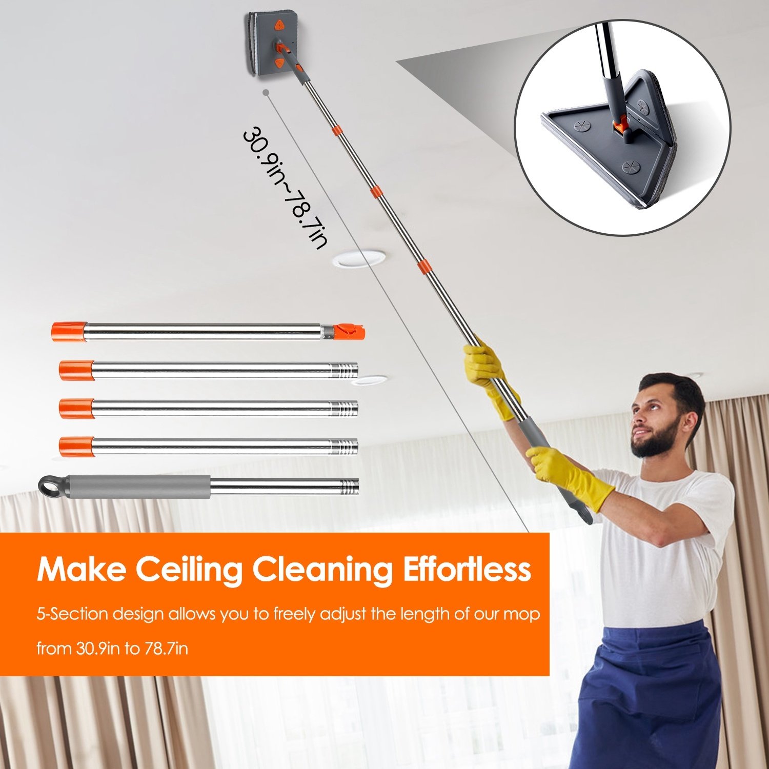 1Set 2 In 1 Baseboard Cleaner Mop Wall Cleaner Mop With Squeegee Extendable Long Handle 8 Reusable Fiber Flannel Chenille Mop Pads 360 Rotatable Convex Design Baseboard Mop For Wall Ceiling Window - Image 3