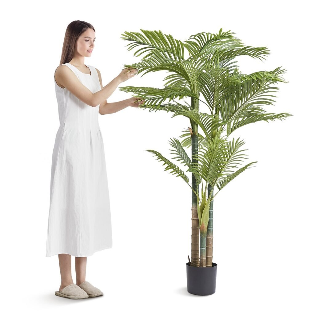 Artificial Gold Cane Palm Tree, 6.5 FT Tall Faux Plant, PE Material & Anti-Tip Tilt Protection Low-Maintenance Plant, Lifelike Green Fake Tree For Home Office Warehouse Decor Indoor Outdoor