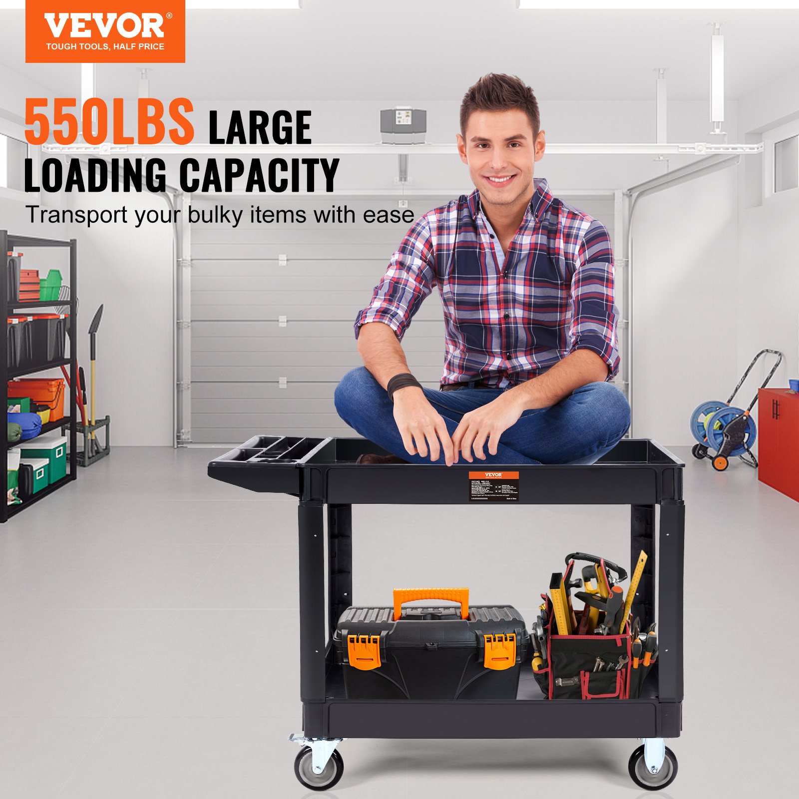 VEVOR Utility Service Cart, 2 Shelf 550LBS Heavy Duty Plastic Rolling Utility Cart With Swivel Wheels 2 With Brakes, Large Lipped Shelf, Ergonomic Storage Handle For Warehouse Garage Cleaning - Image 1