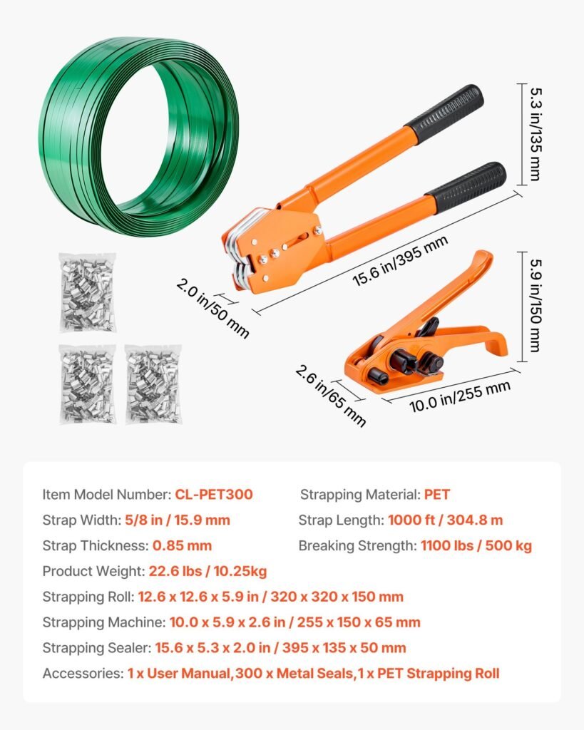 Banding Strapping Kit, Heavy Duty Banding Sealer Tool With 1000 Ft Length PET Band, 300 Metal Seals, Plastic Manual Pallet Packaging Strapping Kit For Warehouse/Shipping/Moving/Home, Orange