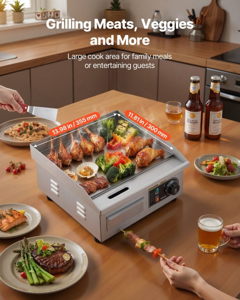 Commercial Electric Griddle, 13.98 X 11.81 Inch, 1750W, 122-570°F Adjustable Temp Control, Stainless Steel Countertop Flat Top Grill With 2 Spatulas And 2 Brushes, For Steak, Pancake, Squid