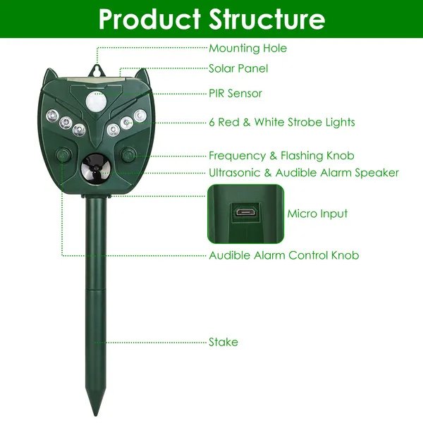 Ultrasonic Solar Animal Repeller Outdoor Mole Snake Squirrel Mouse Chaser Waterproof Bird Deer Dog Cat Deterrent With 5 Gears For Farm Garden Yard