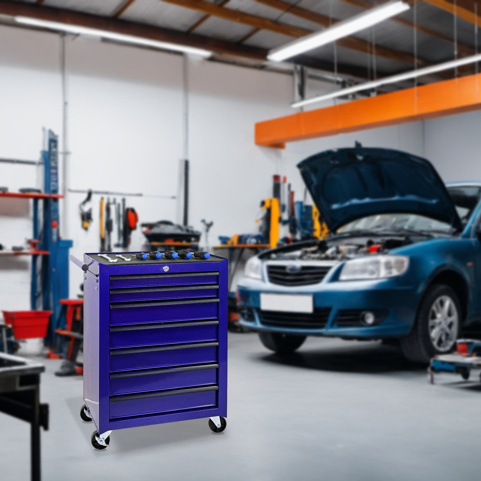 7-Drawer Rolling Tool Storage Cabinet With Detachable Top Tool Box, Universal Lockable Wheels, Adjustable Shelf, Locking Mechanism, Metal Tool Cart For Garage Workshop,Amethyst Charm Purple - Image 7