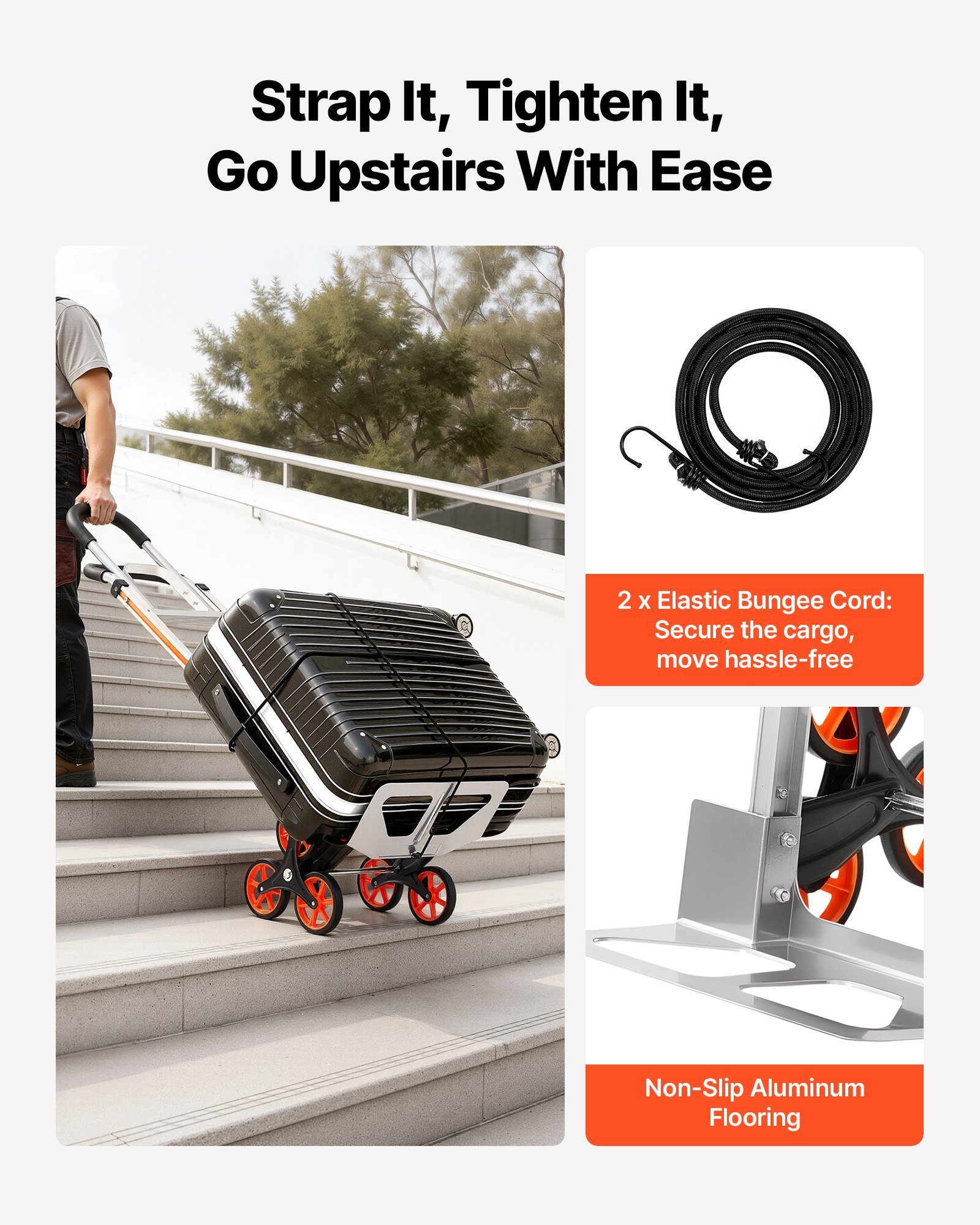 Stair Climbing Cart, 330 Lbs Stair-Climb Capacity, Aluminum Alloy Folding Trolley Cart With Telescoping Handle, 6 Wheels And 2 Bungee Cords, Stair Climber Dolly For Home, Groceries, Warehouse - Image 2
