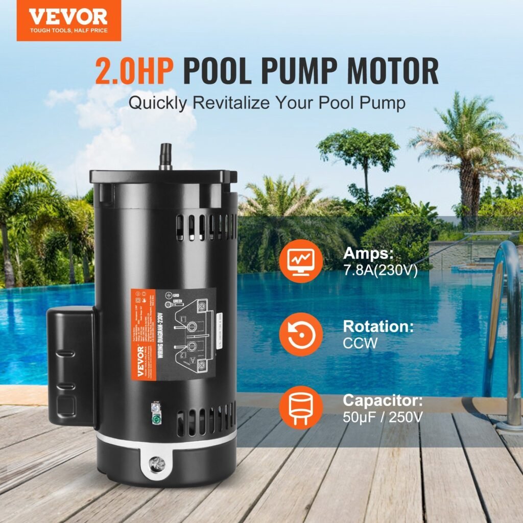2 HP Pool Pump Motor, 56Y Frame, 230V (7.8 Amps) 3450 RPM, 60Hz, 1.3 Service Factor, 50μF/250V Capacitor, CCW Rotation Square Flange Replacement Motor
