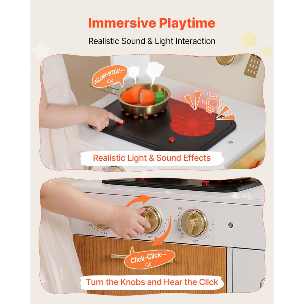 Play Kitchen For Kids, Wooden, Kids Kitchen Playset With Real Lights & Sounds, Food & Cookware Accessories, Pretend Play Toy Set, Sink, Oven, Stove, Cabinet, For Toddlers, Girls & Boys Ages 3-8