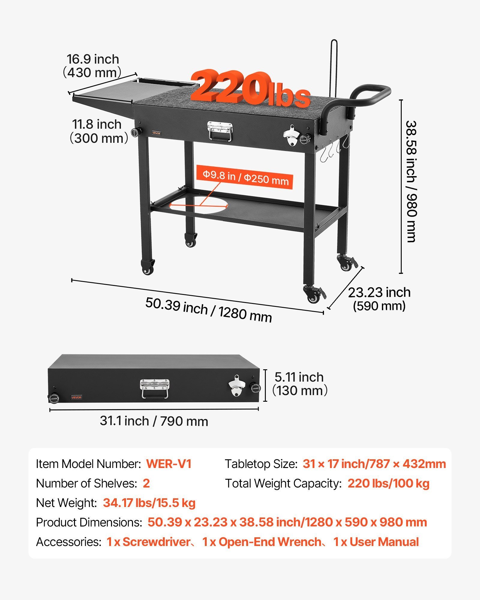 Outdoor Grill Cart, 31.0 X 17.0 Inch Tabletop Size Grilling Table, Foldable Outdoor Cooking Table With Tissue Holder, Hooks, Wheels, Side Table, BBQ Prep Tables For Picnic, Kitchen, Courtyard - Image 3