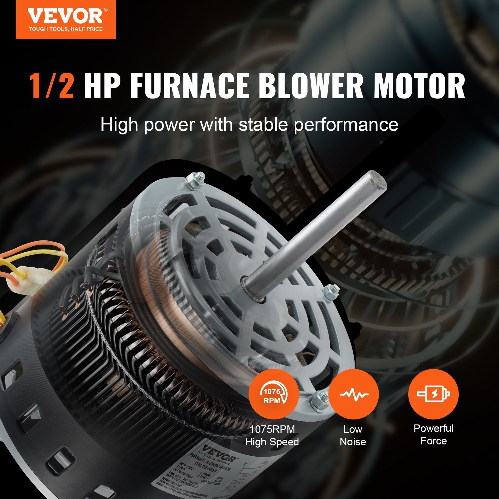 1/2HP Furnace Blower Motor, 208/230V 2.7Amps, 1075RPM 5 Speeds, CW/CCW Rotation, 48 Frame 3.4' Shaft Length, 7.5μF/450V Capacitor + 11' Hold Hoop - Image 5