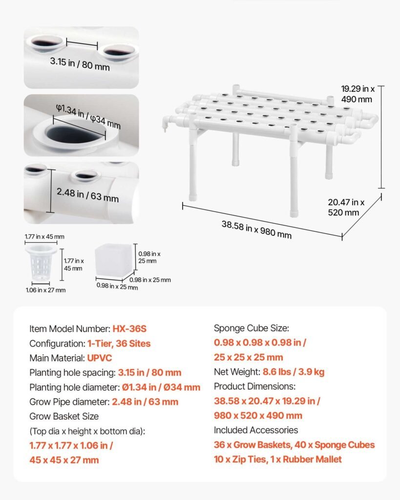 Hydroponics Growing System Kit, 1-Tier 36 Sites UPVC Pipe Hydroponic Grow Kit With Timed Irrigation, Sun & Light Blocking Pipes, Indoor Home Garden Vegetable Planting Grow Kits For Fruit Herb