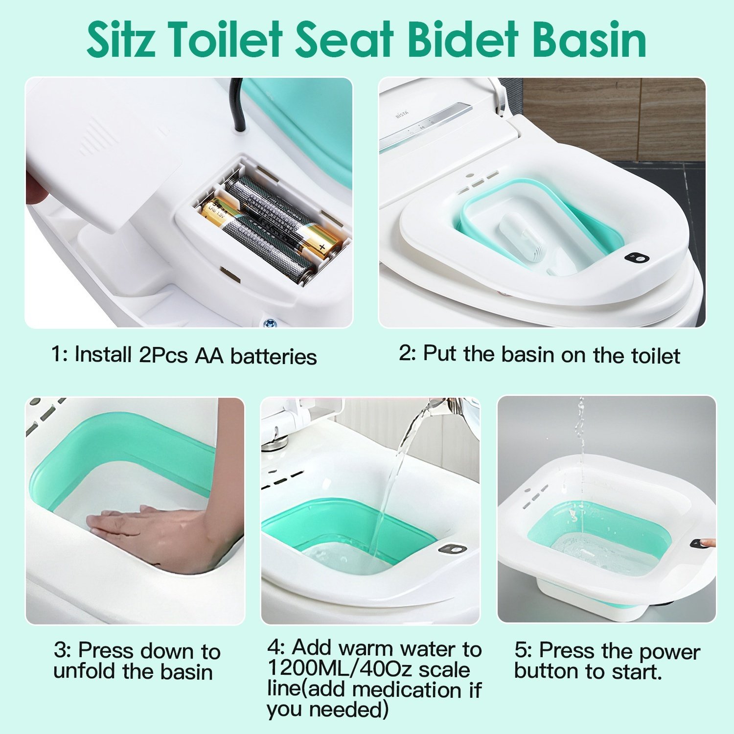 1Pc Foldable Postpartum Care Basin Sitz Toilet Seat Bidet Basin Battery Powered Toilet Bidet For Pregnant Postpartum Hemorrhoid Elderly Care 1400ML 47Oz - Image 2