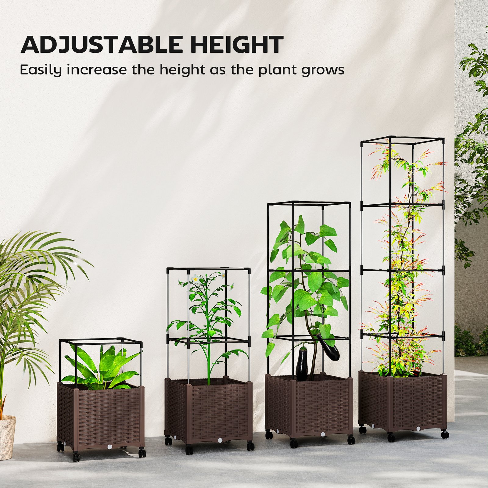 Raised Garden Bed with Trellis, Tomato Cage with Lockable Wheels, Self Watering Planter Box with Drainage Holes, Brown - Image 5