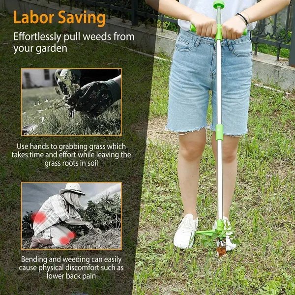 Weed Puller Twister Stand Up Root Removal Hand Tool 3 Claws Aluminum Grass Manual Remover 38.98in Long Handle With Foot Pedal