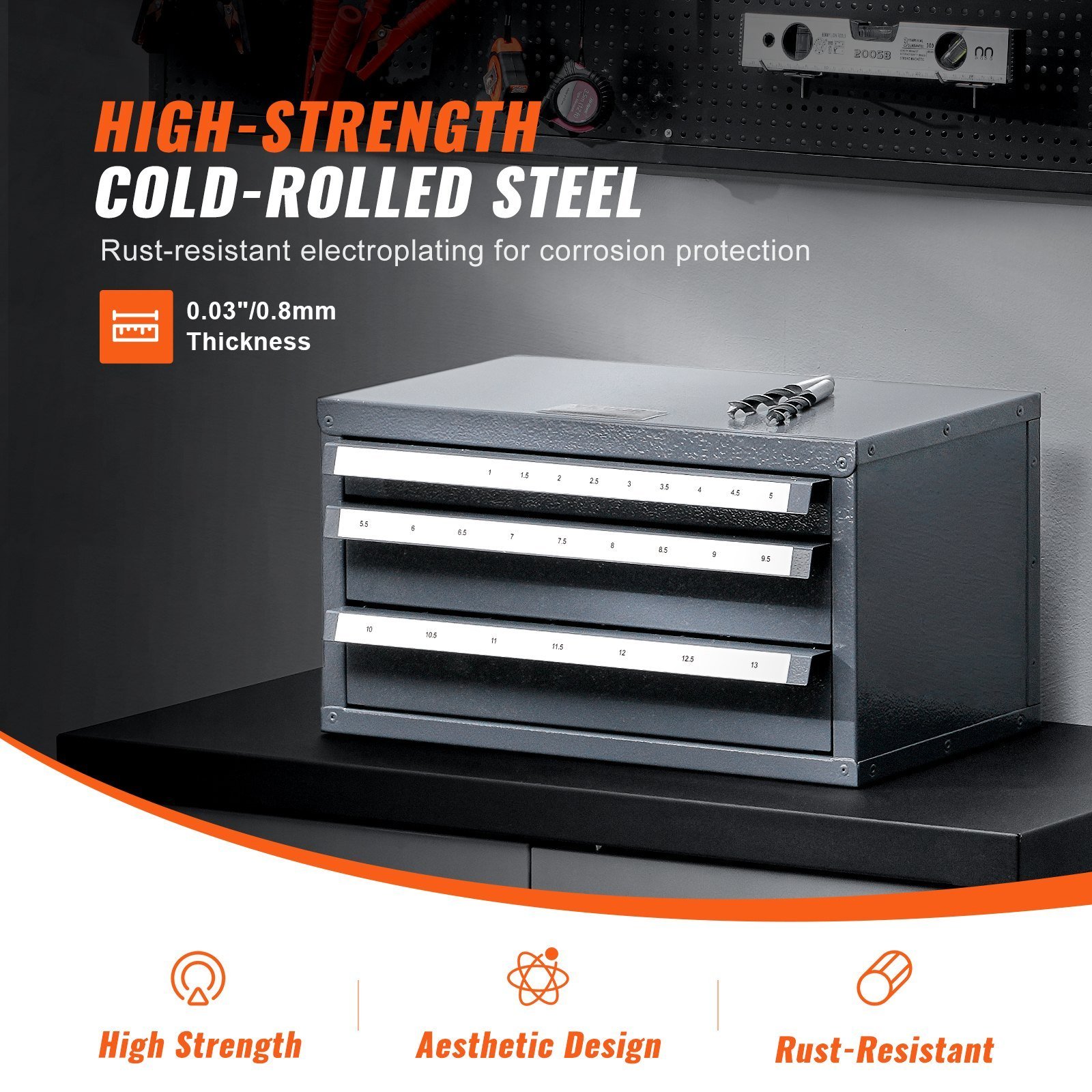 Drill Bit Dispenser Cabinet, Three-Drawer Drill Bit Organizer Cabinet For 1mm To 13mm, Steel Drill Dispenser Organizer Cabinet With Labels, Stackable Drill Dispenser For Drill Bit Storage - Image 5