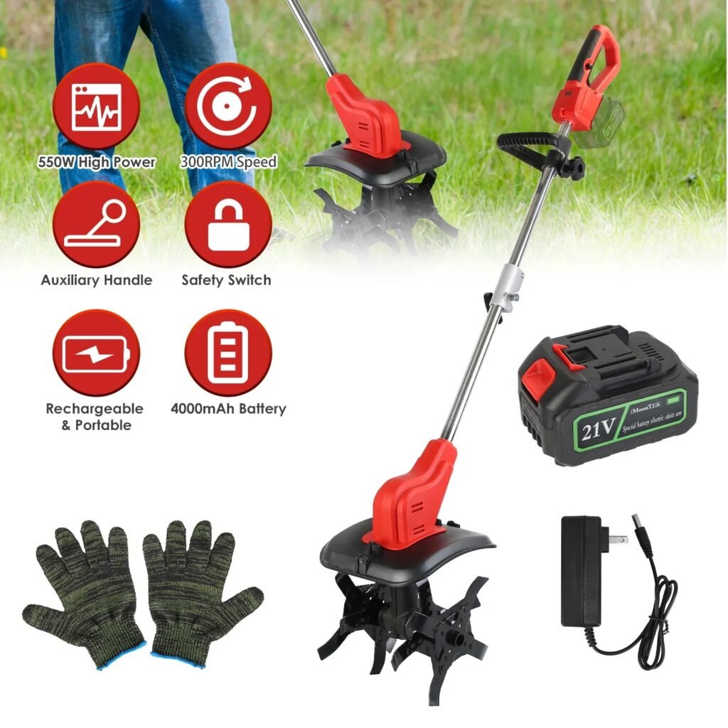 21V Electric Cordless Tiller Cultivator Powered Garden Tiller With 4 Blades 16 Steel Tines 550W 300RPM 4000mAh Battery Tilling 9-in Width & 9-in Depth For Lawn Gardening Soil Cultivation