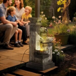33.5" Water Fountain, 4-Tier Resin Cascading Bowls Outdoor Waterfall Fountain with LED Lights, Pump - Image 7