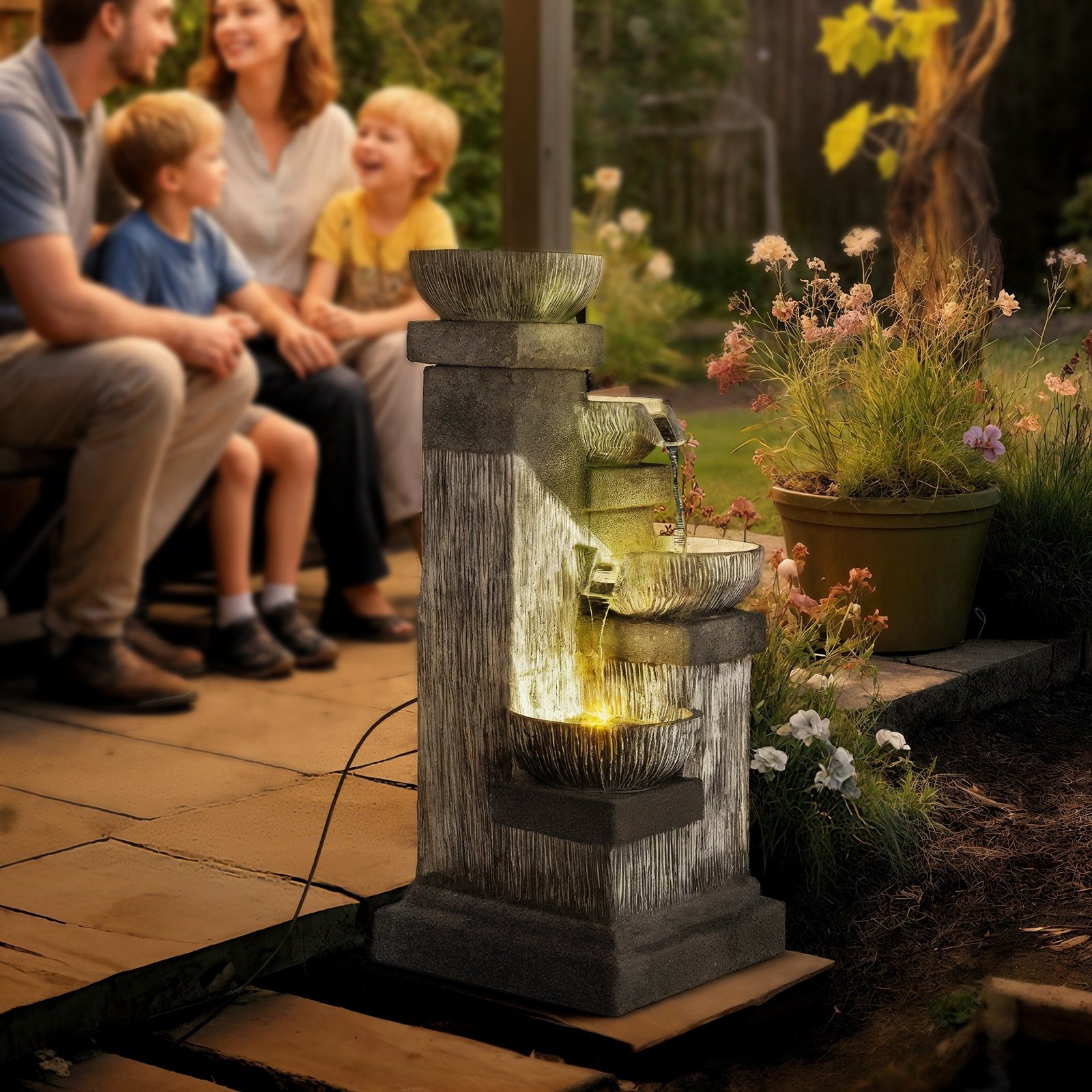 33.5" Water Fountain, 4-Tier Resin Cascading Bowls Outdoor Waterfall Fountain with LED Lights, Pump - Image 7