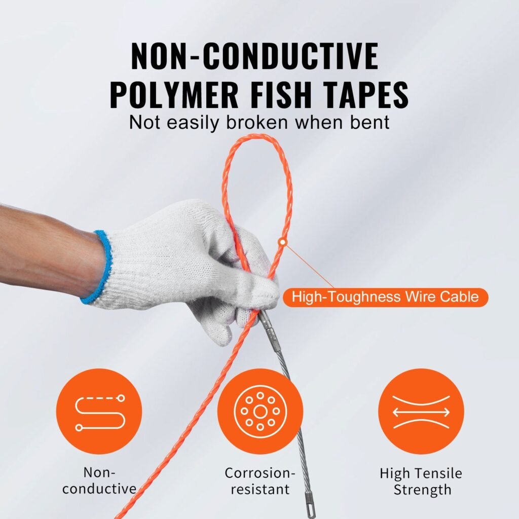Fish Tape Wire Cable Line Puller 100 Ft 1/4 In PET With High Plastic Case