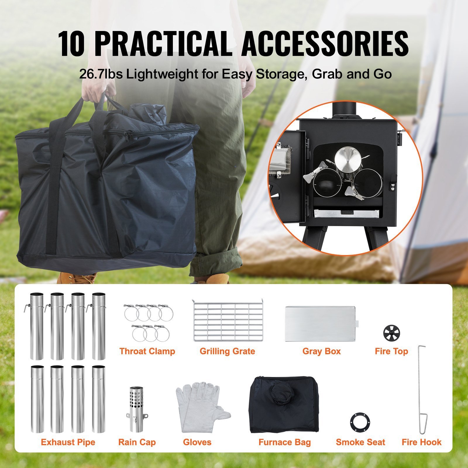 Wood Stove, 86 Inch, Alloy Steel Camping Tent Stove, Portable Wood Burning Stove With Chimney Pipes & Gloves, 1400in³Firebox Hot Tent Stove For Outdoor Cooking And Heating With 8 Pipes - Image 4