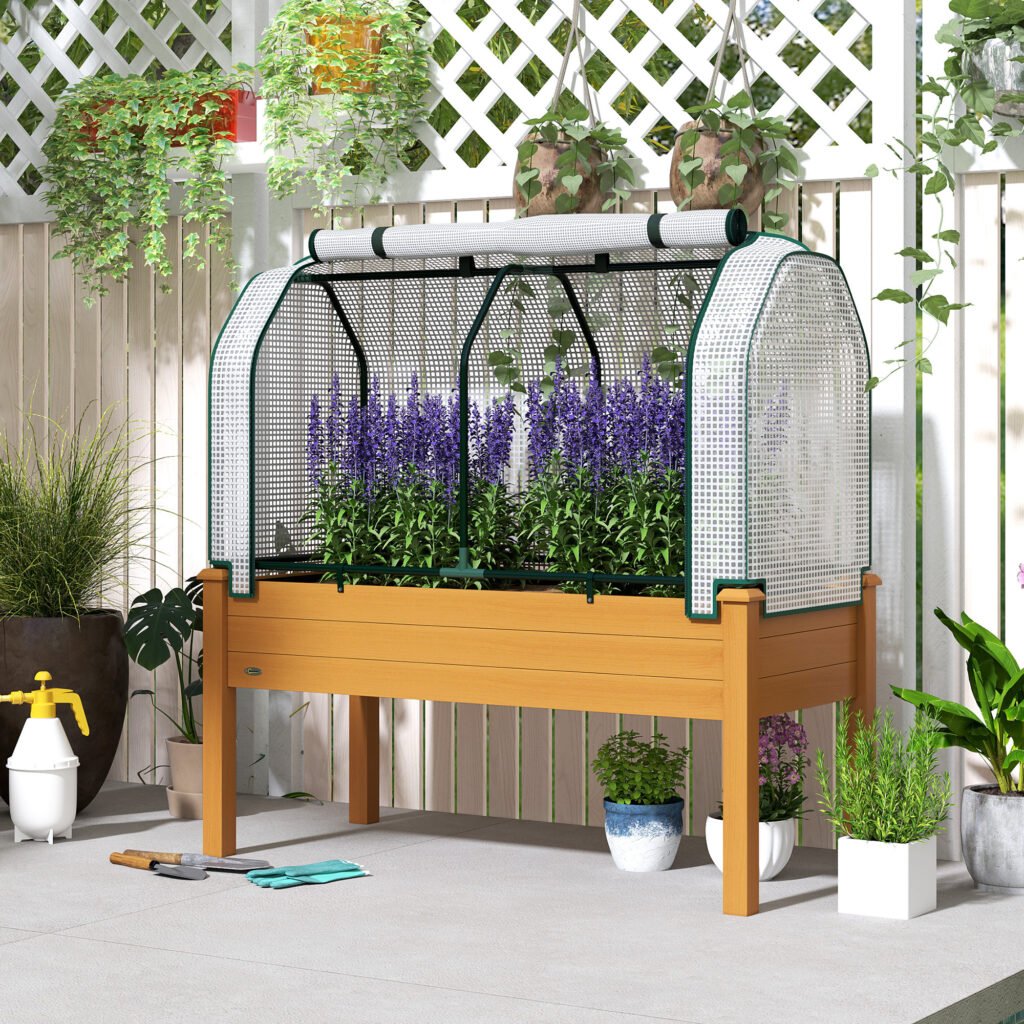 Raised Garden Bed with PE Greenhouse Cover Outdoor Planter Box for Herbs and Vegetables, 48 x 22 x 46 inch, Sand