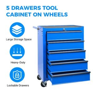 Rolling Metal Tool Chest with 5 Drawers, 20" 5-Drawer Tool Chest Cabinet with Ball Bearing Drawer Slides, Steel Tool Storage Box Organizer -BLUE - Image 5