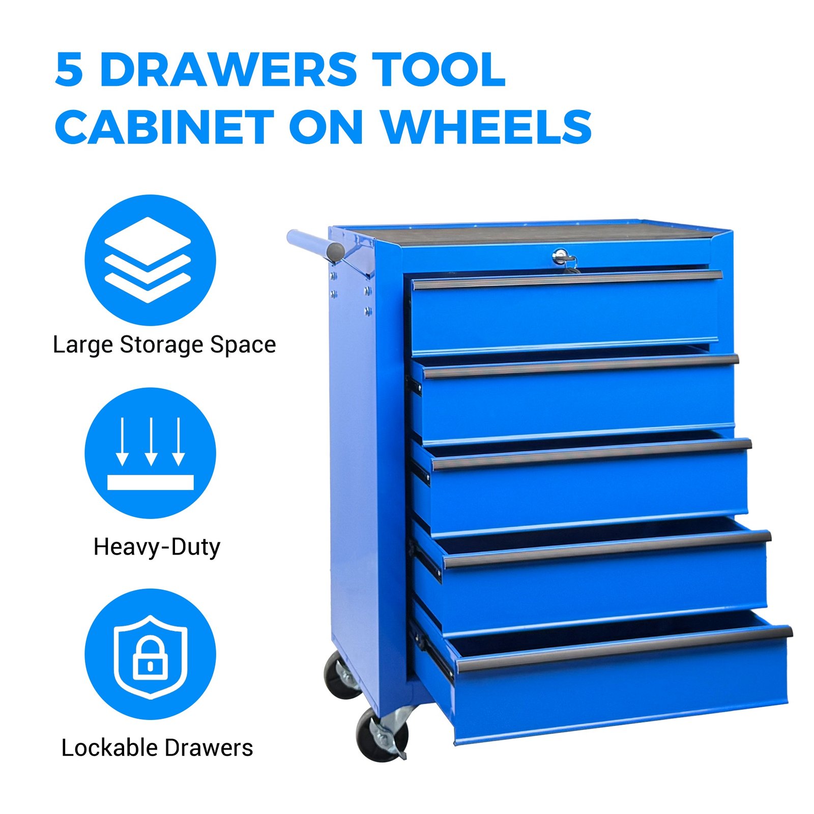 Rolling Metal Tool Chest with 5 Drawers, 20" 5-Drawer Tool Chest Cabinet with Ball Bearing Drawer Slides, Steel Tool Storage Box Organizer -BLUE - Image 5