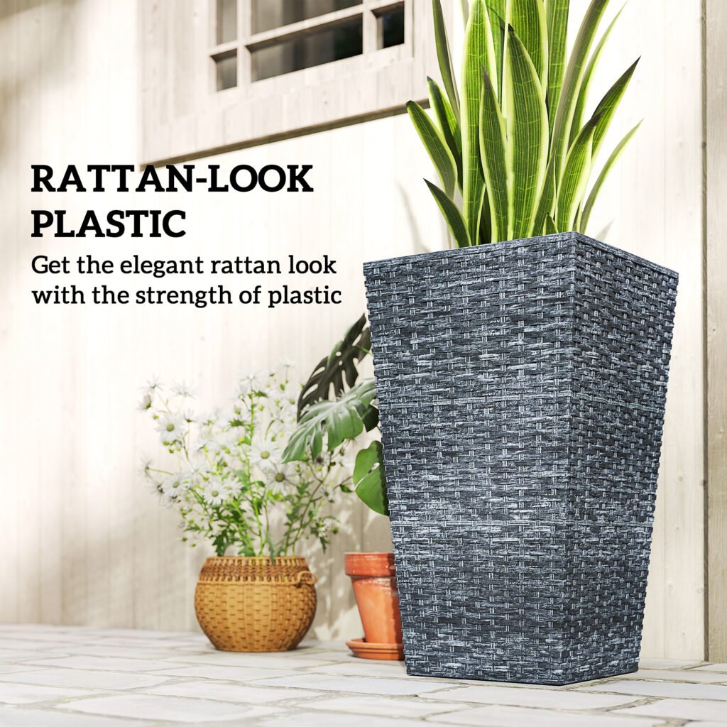 Tall Planters for Outdoor Plants Set of 3, 24 In Taper Planters with Drainage Holes, Rattan Decor Plant Pots for Indoor Outdoor Front Porch Patio Backyard, Gray