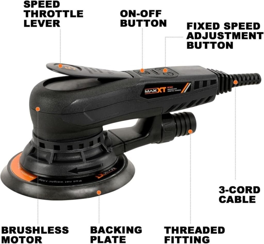 Electric 5mm Random Orbital Sander Brushless 350W 3A Multi-function Variable Speed Electric Corded Orbital Sanders Machine With 10 Sanding Paper For Woodworking R7303-5.0mmOrbit