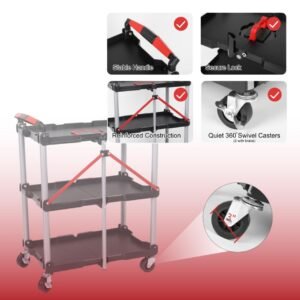 Foldable Utility Service Cart, 3 Shelf Heavy Duty Plastic Rolling Cart With Swivel Wheels 2 With Brakes, Ergonomic Handle, Portable Garage Tool Cart For Warehouse Office Home - Image 7