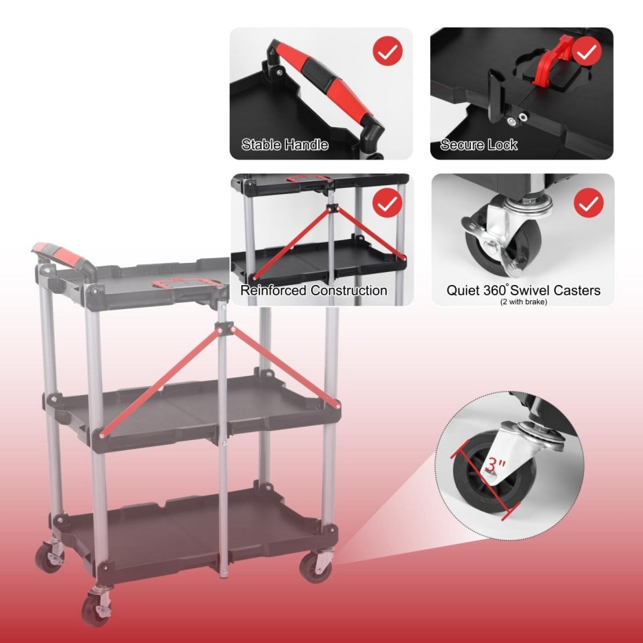 Foldable Utility Service Cart, 3 Shelf Heavy Duty Plastic Rolling Cart With Swivel Wheels 2 With Brakes, Ergonomic Handle, Portable Garage Tool Cart For Warehouse Office Home