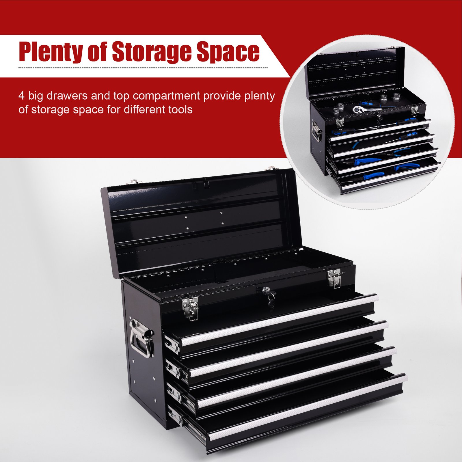 Heavy Duty Metal Tool Box, 21-inch, Portable Metal Tool Box With 4 Drawers, Small Tool Chest With EVA Liners, Ball Bearing Slide Drawers Locking & Powder Coated Finish, Multi-Function Tool Organizer - Image 7