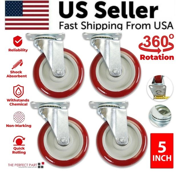 4 Pack 5 Inch Caster Wheels Swivel Plate Polyurethane Wheels Heavy Duty Wheels